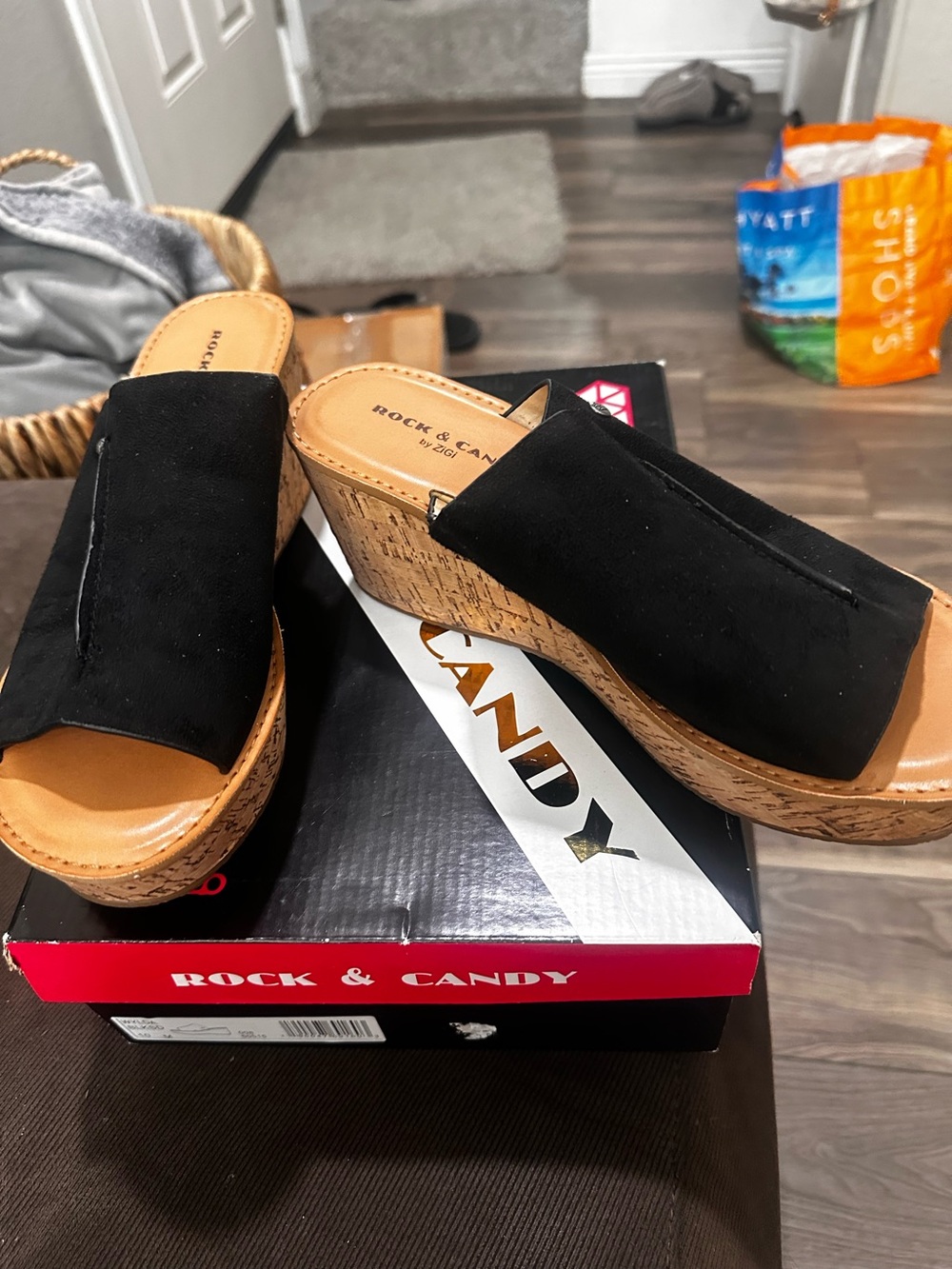 Rock & Candy Black Suede Cork Wedge Mules